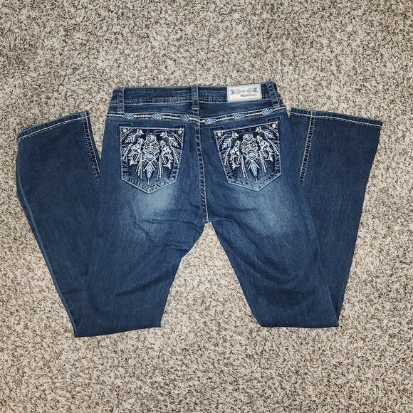 Grace in LA Women’s Easy Fit Mid-Rise Bootcut Jeans Feather Embroidery Bling Siz - Picture 3 of 14